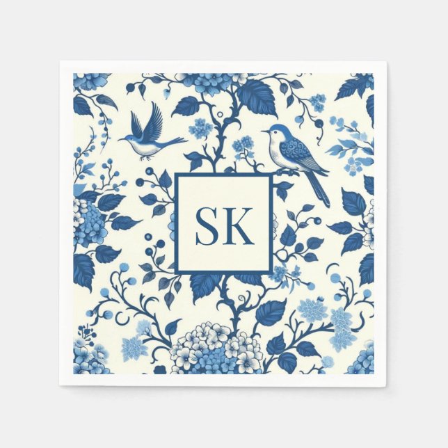 Custom Monogram Chinoiserie Blue and White  Napkin (Front)
