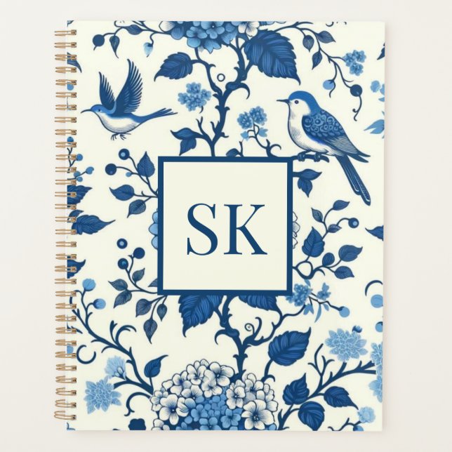 Custom Monogram Chinoiserie Blue and White  Planner (Front)