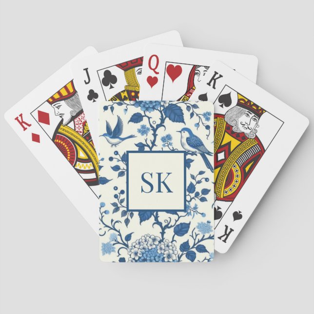 Custom Monogram Chinoiserie Blue and White  Playing Cards (Back)