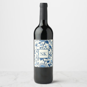 Custom Monogram Chinoiserie Blue and White  Wine Label