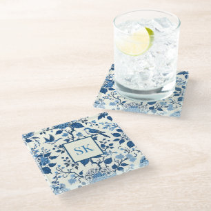 Custom Monogram Chinoiserie Chic, Hydrangeas Glass Coaster