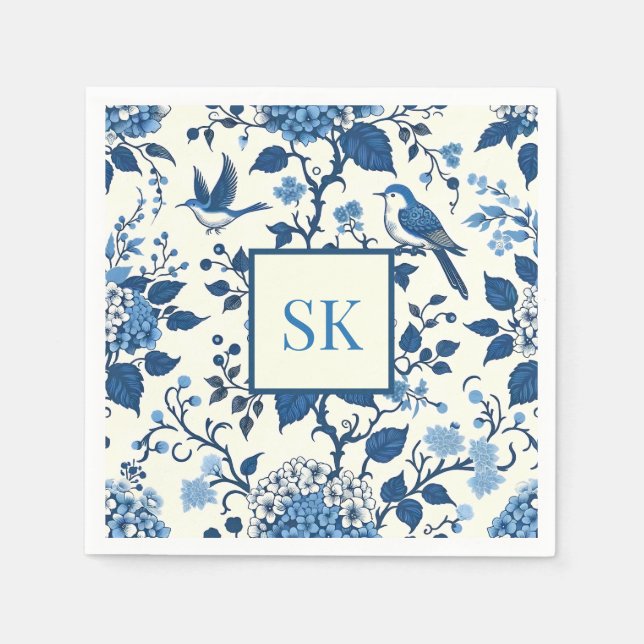 Custom Monogram Chinoiserie Chic, Hydrangeas  Napkin (Front)