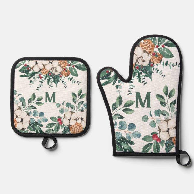 Custom Monogram Christmas Greenery  Oven Mitt & Pot Holder Set (Front)