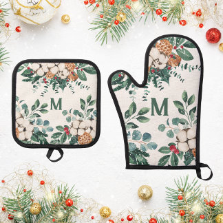 Custom Monogram Christmas Greenery Oven Mitt & Pot Holder Set