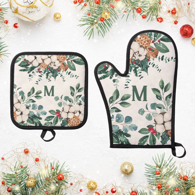 Custom Monogram Christmas Greenery  Oven Mitt & Pot Holder Set (Creator Uploaded)