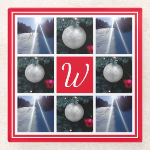 Custom monogram Christmas Holiday photo collage Glass Coaster