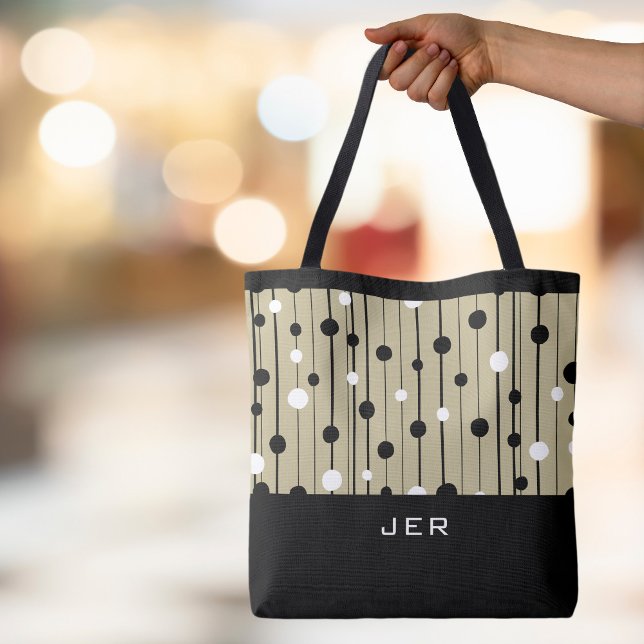 Custom Monogram Circles Lines Black White  Tote Bag (Monogrammed Initials or Name Abstract Circles Lines Black White Brown Canvas Shopping Tote Bag)
