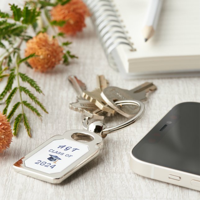 Custom Monogram Class of 2024 Blue and White Key Ring (Side)