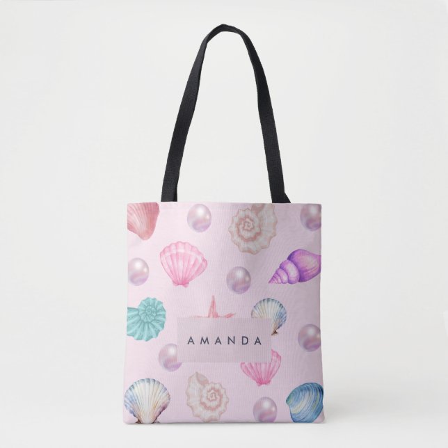 Custom Monogram Coastal Seashell Pearl Ocean Gifts Tote Bag (Front)