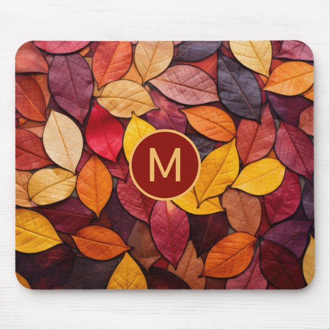 Custom Monogram Colourful Autumn Leaves Mouse Mat (Front)