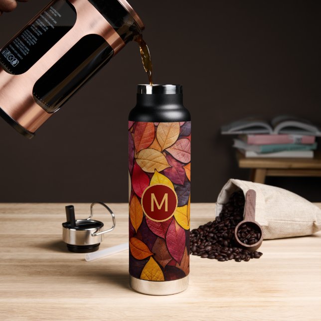 Custom Monogram Colourful Autumn Leaves Water Bottle (Coffee)