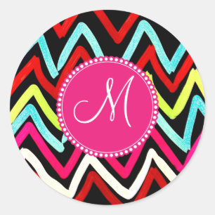 Custom Monogram Colourful Chevron Tribal Zigzags Classic Round Sticker