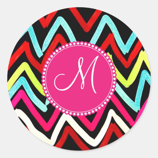 Custom Monogram Colourful Chevron Tribal Zigzags Classic Round Sticker (Front)