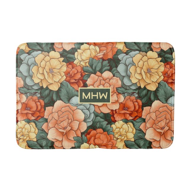 Custom Monogram Colourful Flower Pattern Bath Mat (Front)