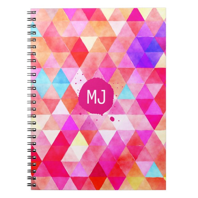 Custom Monogram Colourful Pink Red Triangle Patter Notebook (Front)