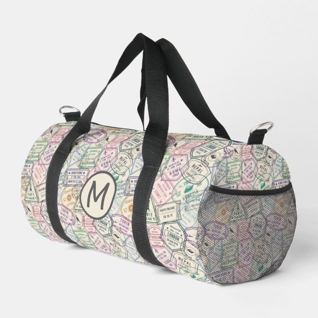 Custom Monogram Colourful Travel Stamps Pattern Duffle Bag (Right Corner)
