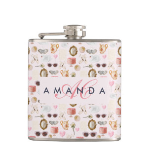 Custom Monogram Coquette Cute Girly Pink Feminine Hip Flask