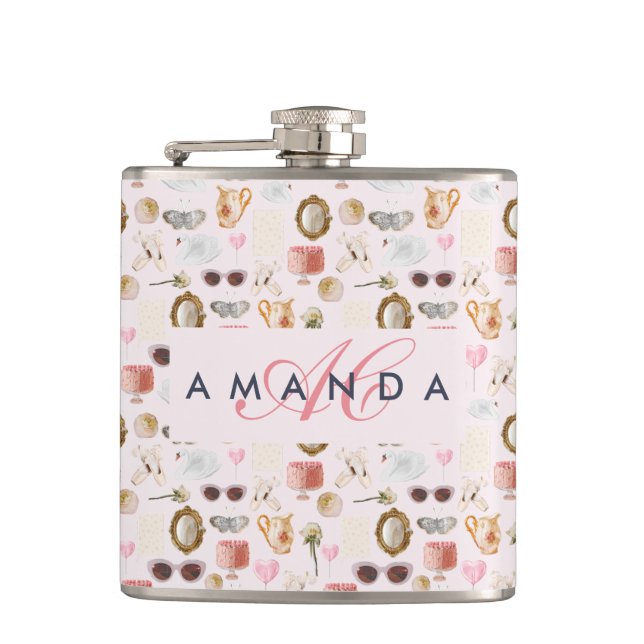 Custom Monogram Coquette Cute Girly Pink Feminine  Hip Flask (Front)