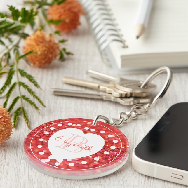 Custom Monogram Coral Glitter White Heart Dots Key Ring (Front Right)
