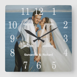 Custom Monogram Couple Names Wedding Photo Square Wall Clock