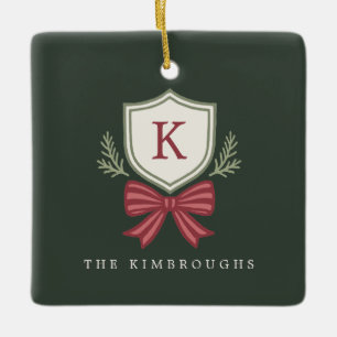 Custom Monogram Crest Bow Christmas Ceramic Ornament