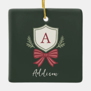Custom Monogram Crest Bow Christmas Ceramic Ornament