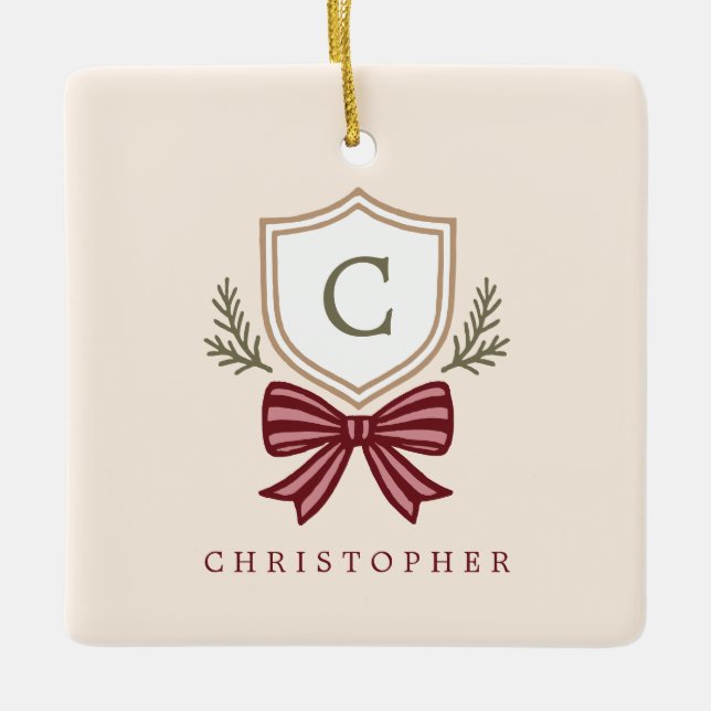 Custom Monogram Crest Bow Christmas Ceramic Ornament (Front)