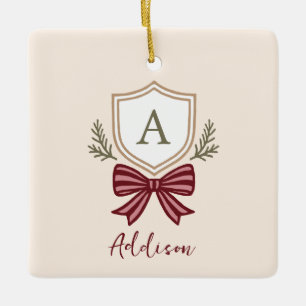 Custom Monogram Crest Bow Christmas Ceramic Ornament