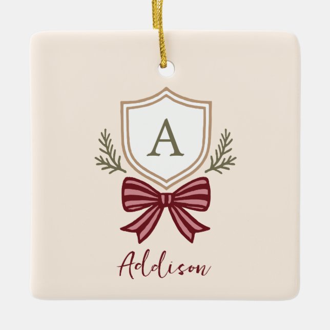 Custom Monogram Crest Bow Christmas Ceramic Ornament (Front)