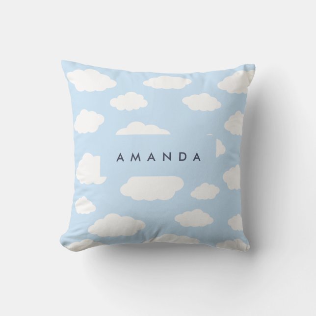 Custom Monogram Cute Girly Blue Cloud Gifts Cushion (Front)