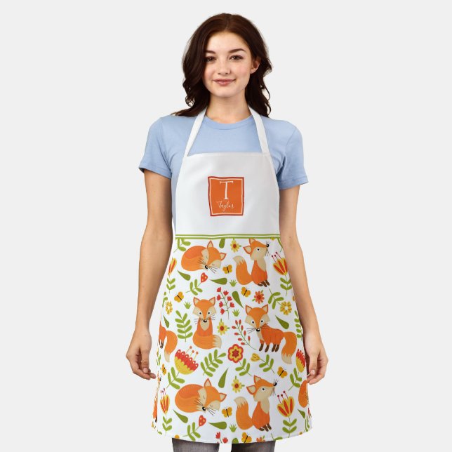 Custom Monogram, Cute Orange and Green Fox Pattern Apron (Worn)
