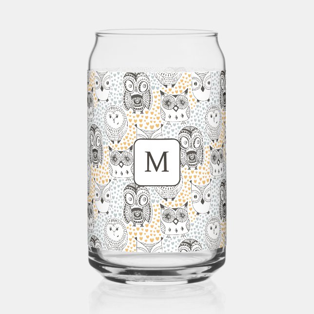 Custom Monogram Cute Owl Pattern Can Glass (Front)