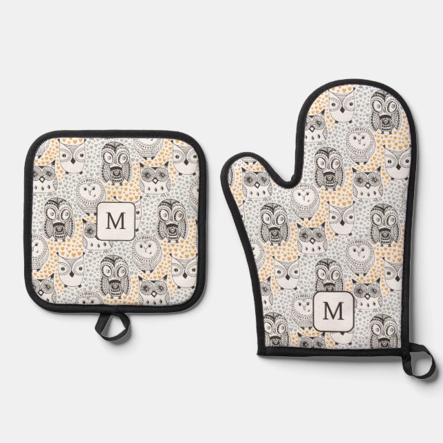 Custom Monogram Cute Owl Pattern Oven Mitt & Pot Holder Set (Front)