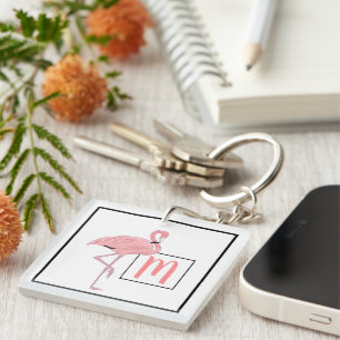 Custom Monogram Cute Pink Flamingo Watercolor Art Key Ring