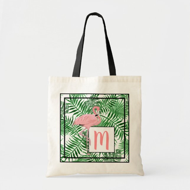 Custom Monogram Cute Pink Flamingo Watercolor Art Tote Bag (Front)