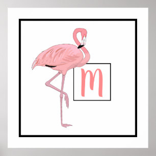 Custom Monogram Cute Pink Flamingo Watercolor Poster