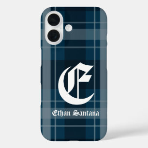 Custom Monogram Dark Blue Plaid iPhone 16 Case