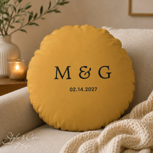 Custom Monogram Date Mustard Yellow Round Cushion