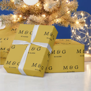 Custom Monogram Date Pattern Metallic Gold Wrapping Paper