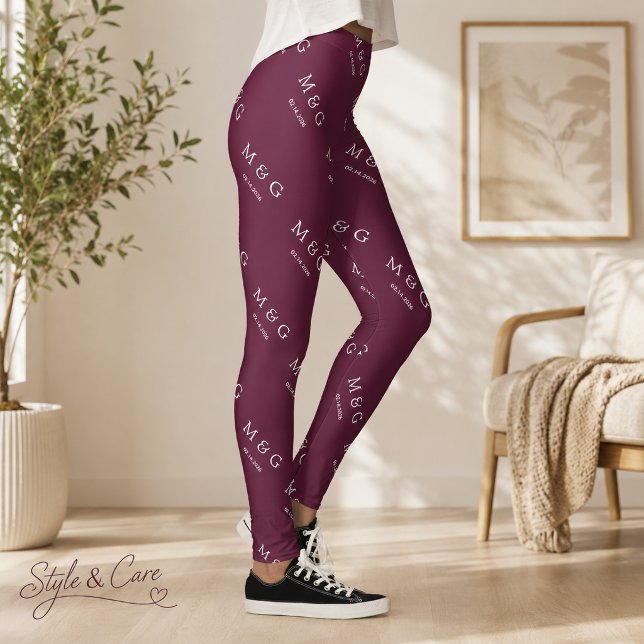 Custom Monogram Date Pattern Stylish Burgundy Leggings (Custom Monogram Date Pattern Stylish Burgundy Leggings)