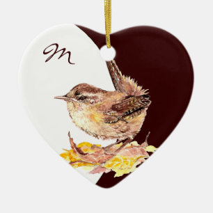 Custom Monogram Dated  Watercolor Wren Bird Ceramic Tree Decoration