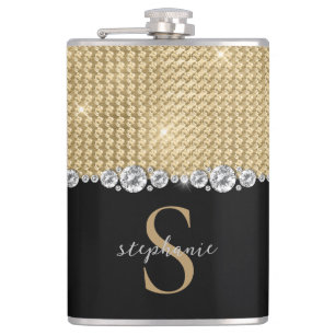 Custom Monogram Diamonds Gold Black Elegant Luxury Hip Flask