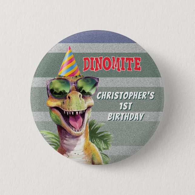Custom Monogram Dinosaur Dinomite Birthday Party 6 Cm Round Badge (Front)