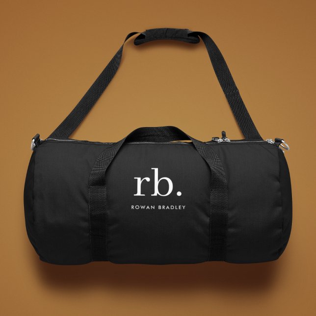 Custom Monogram Duffle Bag | Gym Black Duffel Bags (Sleek black modern monogram custom duffle bags.)