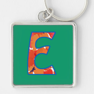 Custom Monogram E Keychain, Orange Floral Pattern Key Ring