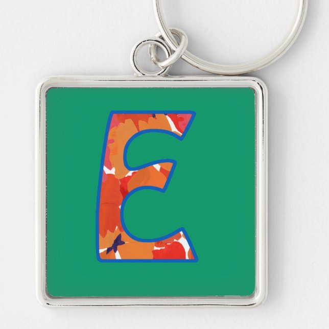 Custom Monogram E Keychain, Orange Floral Pattern Key Ring (Front)