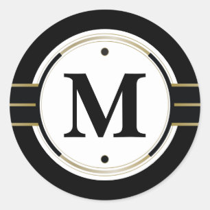Custom Monogram Elegant Black and Gold Deco Classic Round Sticker