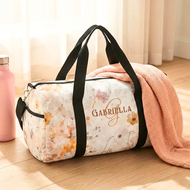 Custom Monogram Elegant Boho Floral Watercolor Duffle Bag (Creator Uploaded)