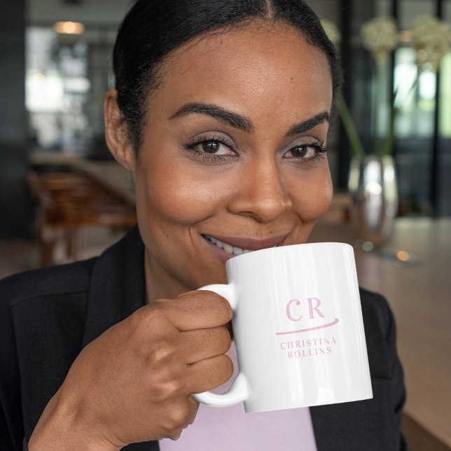 Custom Monogram Elegant Minimal Pink and White Coffee Mug (Custom Monogram Elegant Minimal Pink and White Coffee Mug)