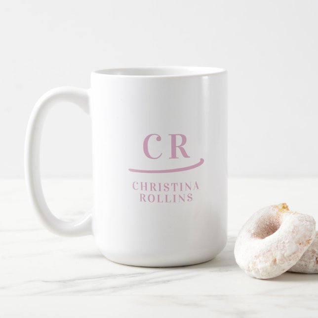 Custom Monogram Elegant Minimal Pink and White Coffee Mug (With Donut)